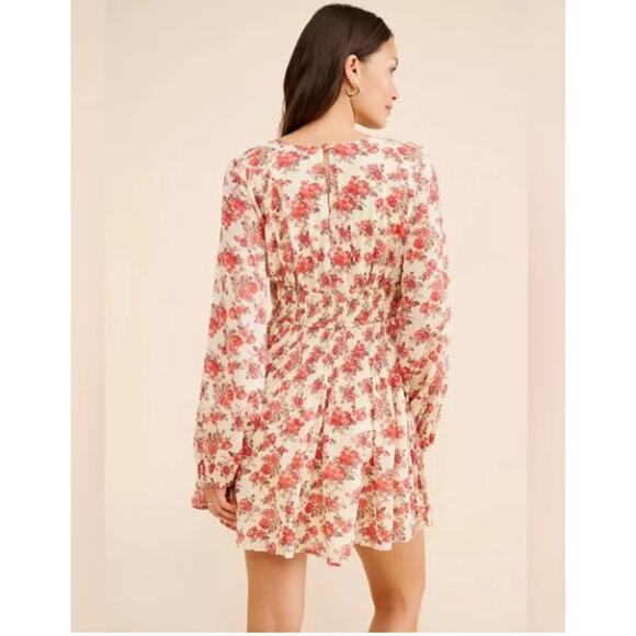 Free People Keep You Mini Dress Floral Print Smocked Ivory‎ Red Boho Cottage M - Picture 2 of 7